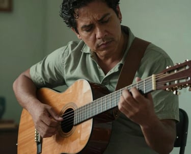 Cinematic shot of a musician playing an acoustic guitar in a dimly lit room, soft sage green lighting, Latin American / Spanish-speaking vibe.