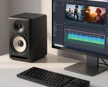 Minimalist desk with high-end audio monitors and a large monitor displaying a film editing timeline, soft morning light.
