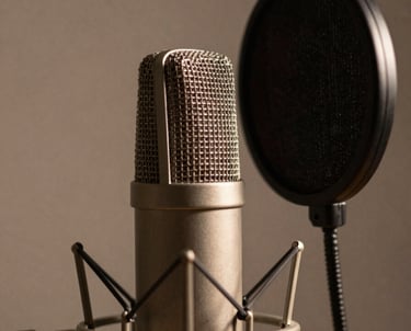 Close-up of a high-quality studio microphone with a pop filter, warm moody lighting, professional and artistic feel.