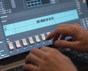 Close-up of hands working on a digital audio workstation (DAW), glowing software interface in pale blue, creative process.