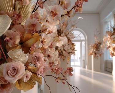Elegant blush pink roses and orchid floral arrangements at a luxury wedding venue.