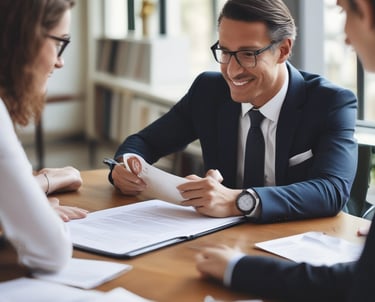 A confident insurance agent discussing trust investment options with a client across a sleek office desk.