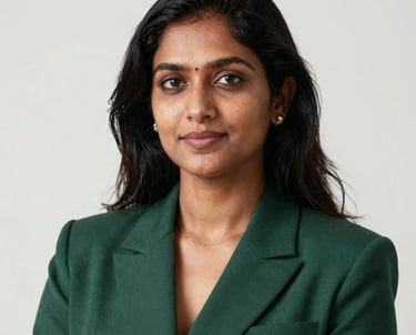 Professional headshot of an Indian female founder in her 30s, looking confident and inspiring, wearing a deep forest green blazer, pearl white background.