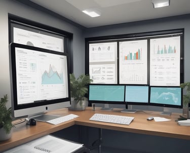 Modern office workspace with insurance and digital certification icons on a navy blue background.