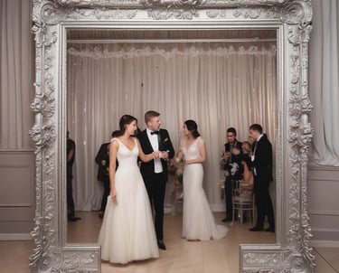 A vibrant photo booth setup at a wedding event with guests enjoying.