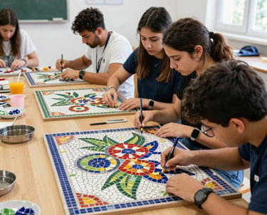 A group of participants smiling while working on their mosaic projects outdoors with the Mani landscape in the background.