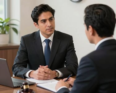 A professional lawyer consulting with clients in a modern office.