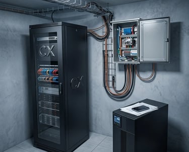 Rack de telecomunicaciones con infraestructura de red empresarial