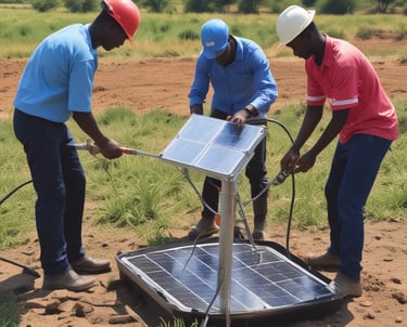 Solar-powered water pump operating in a lush green agricultural field under a bright blue sky.