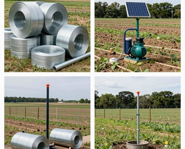A modern agricultural field with solar panels and irrigation systems in use.