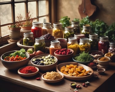 A rustic kitchen table with jars of colorful pickles and chutneys surrounded by fresh Konkan spices and ingredients.