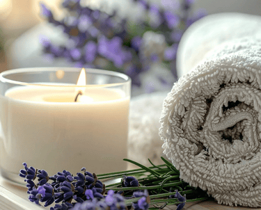 Scented candle with fresh lavender sprigs and a rolled white towel for a relaxing spa wellness experience.