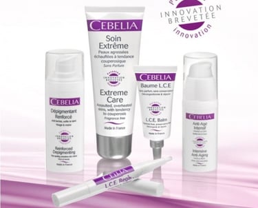 Cebelia dermatological skincare collection including anti-aging serum, depigmenting cream, and soothing balm.