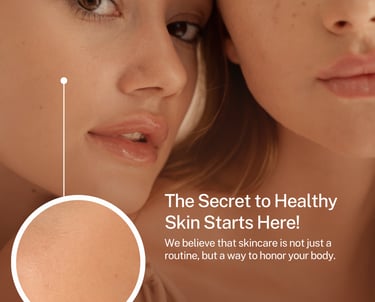 Close-up of two women with glowing, healthy skin promoting natural facial skincare products and routines.