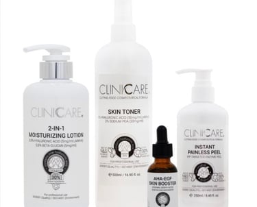 Clinicare professional skincare moisturising lotion, skin toner, skin booster, and painless peel.