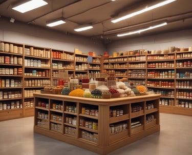 Photo of d p mewawala & co's bustling shop at APMC Masala Market, showcasing neatly arranged sacks of grains and spices.