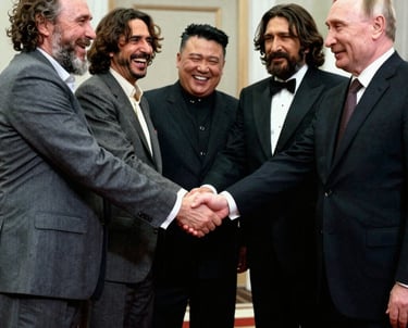 A dramatic display of vintage military jackets and accessories on mannequins under warm lighting.