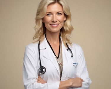 Portrait of Dr. Isabelle Sharmiashvili in her elegant medical office, smiling confidently.