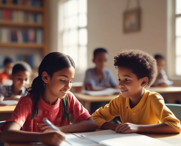 A group of African and Middle Eastern children studying together at a bright table in the youth center.