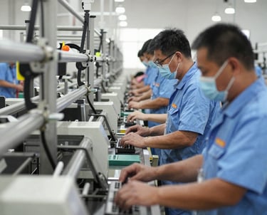 Factory floor showing skilled workers assembling hair dryers with precision.