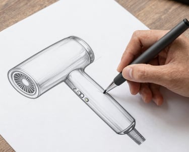 Close-up of a designer sketching a new hair straightener concept on a tablet.