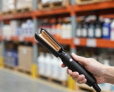 A skilled technician assembling a sleek hair straightener in a bright, modern workshop.