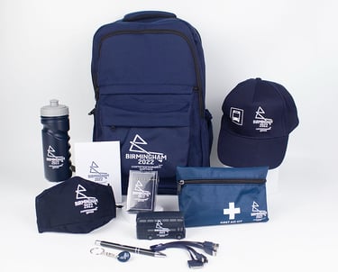 Birmingham 2022 Commonwealth Games merchandise kit with backpack, cap, drinkware and accessories