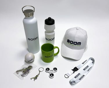 Industrial services company merchandise kit with branded bottles, cap, lanyard and accessories