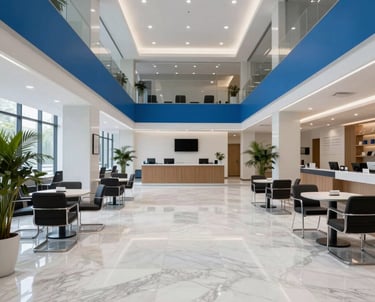 A wide-angle shot of a modern Indian coaching institute's sleek lobby with a white marble floor and blue accents on the walls, radiating professionalism and academic focus.