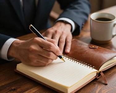 A professional North American setting showing a close-up of a person's hands taking notes in a leather-bound journal next to a ceramic mug on a polished wooden desk, elegant and authoritative atmosphere with gold and brown tones.