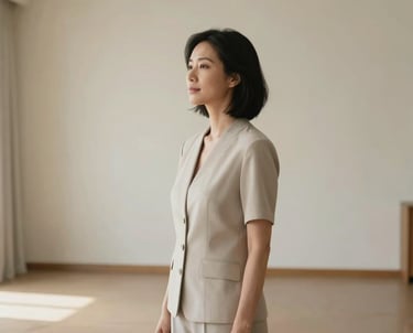 A serene North American portrait of a person in a moment of calm reflection, standing in a spacious room with ivory walls and soft lighting, wearing elegant neutral attire, conveying professional grace and peace.