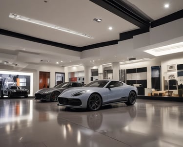 A vibrant car showroom showcasing various models.