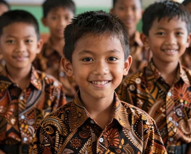 A close-up shot of a group of Indonesian Javanese school children wearing their neat, colorful batik uniforms, smiling in a bright classroom setting.