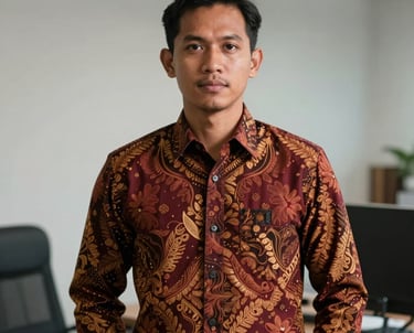 A professional male model of Indonesian Javanese descent wearing a tailored batik shirt with deep crimson patterns, posed in an office environment.