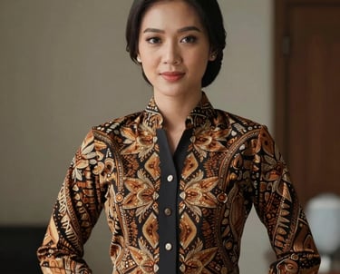 A professional female model of Indonesian Javanese descent wearing an elegant batik blouse with modern cuts, suitable for institutional work wear.