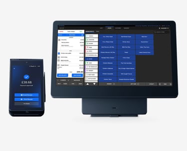 A modern restaurant POS system terminal and portable payment card reader displaying a food menu and digital receipt.
