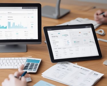 A business owner reviewing sales data on a tablet in a cozy office.