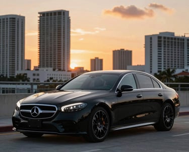 Sleek black luxury car parked against a Miami skyline at dusk.