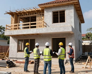 Modern luxury house exterior in a gated community during sunset.