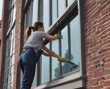 A professional cleaning a large window with a squeegee on a sunny day.