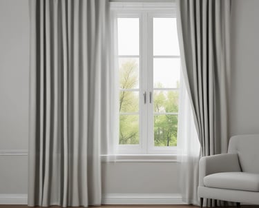 Elegant living room with soft, flowing curtains framing a sunlit window.