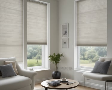 Modern kitchen featuring sleek, minimalistic blinds filtering natural light.