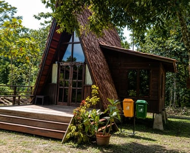 Rustic A-frame wooden cabin with a deck nestled in a lush tropical forest clearing.