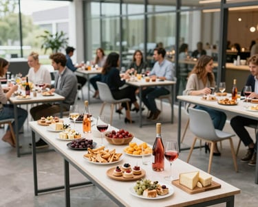 A cozy room with soft lighting, musical instruments, and healthy snacks on a wooden table.