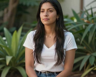 Photography of a Latin American woman sitting peacefully in a sunlit garden, reflecting a state of plenitude and balance, soft focus on green foliage in the background.