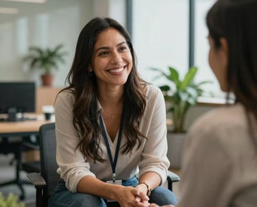 Photography of a Latin American female mentor smiling warmly during a coaching session, light-filled modern office with plants, atmosphere of trust and support.