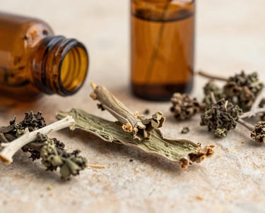 Macro close-up of raw herbal ingredients and clean amber glass supplement bottles on a warm textured stone surface, soft diffused natural daylight, editorial botanical photography style.