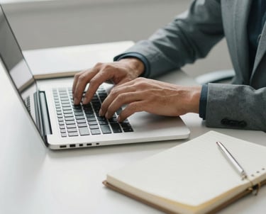 Photography focusing on a professional's hands using a laptop and a notebook in a clean, minimal Brazilian office environment, bright morning light, professional and organized mood, greyish teal and white colors.