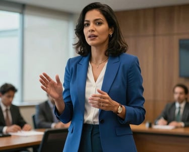 A South American female speaker presenting with confidence in a modern Brazilian conference room, wearing professional attire, expressive gestures, soft office lighting, colors of steel blue and dark teal.