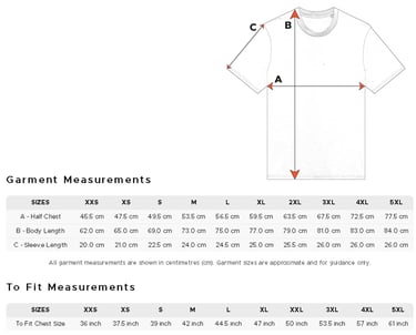 T-shirt size chart showing chest, length, and sleeve measurements for sizes XXS to 5XL.
